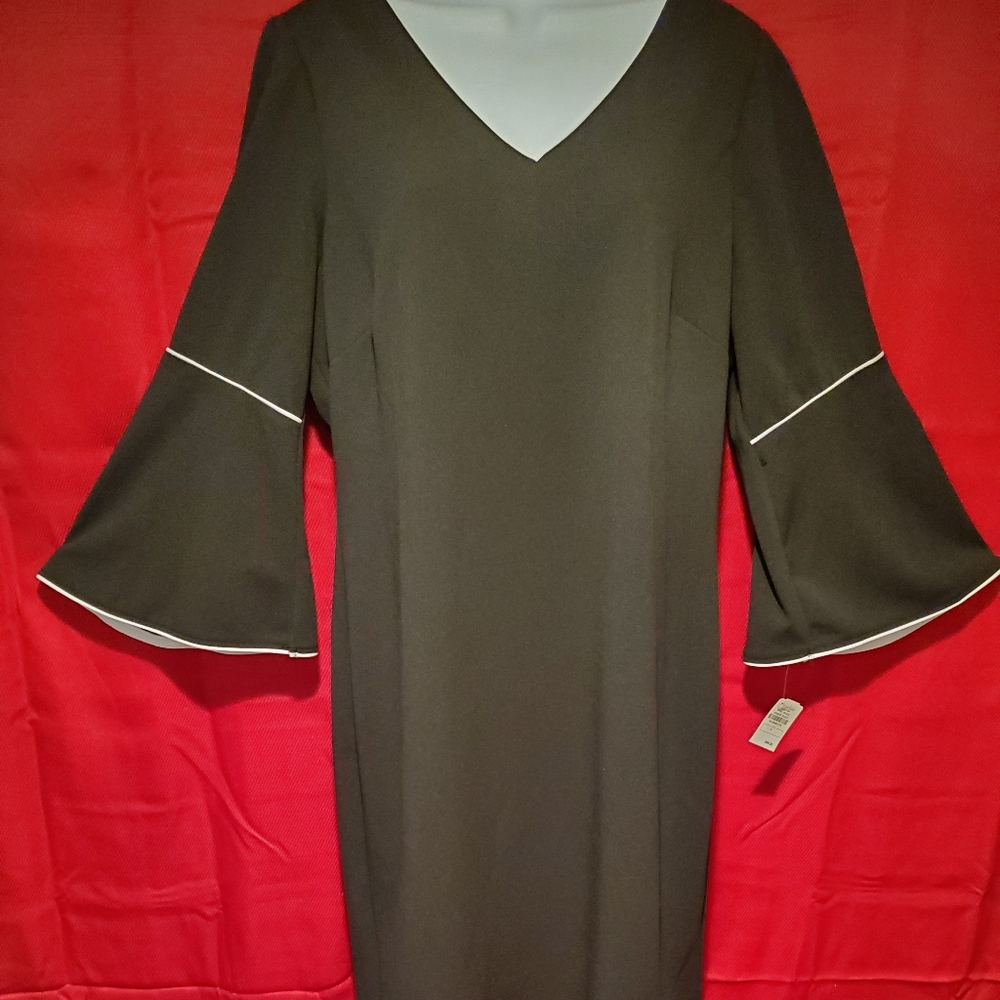 Black V-Neck dress with white stripe around the ne